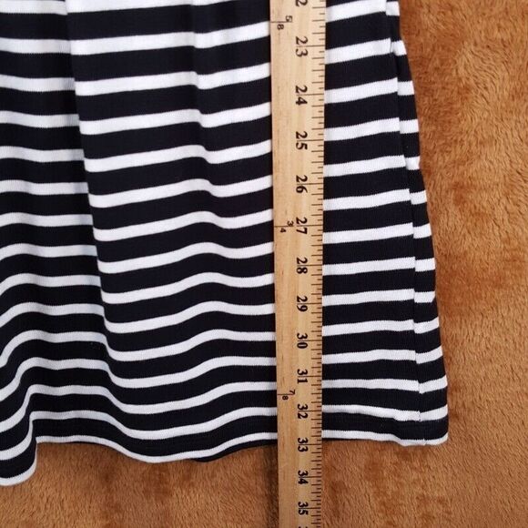 FRENCH CONNECTION Fit Flare Dress Womens Size 6 Black Stripe Cut Out Pleated - Picture 7 of 8